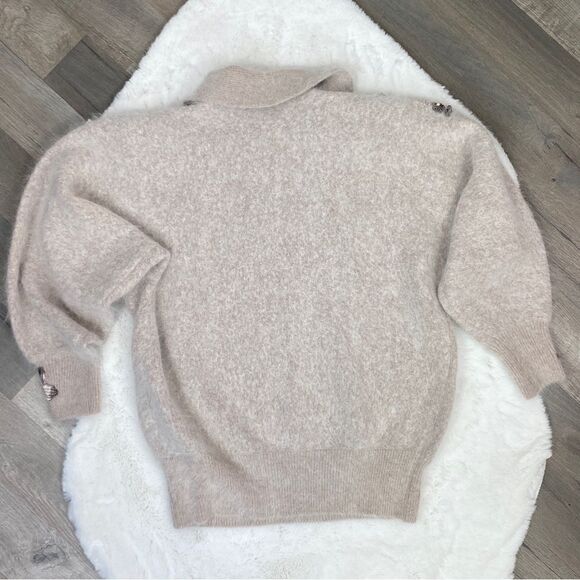 Vintage Su Lim Floral Embroidered Angora Sweater Taupe Pearl Embellished PM - Picture 10 of 13